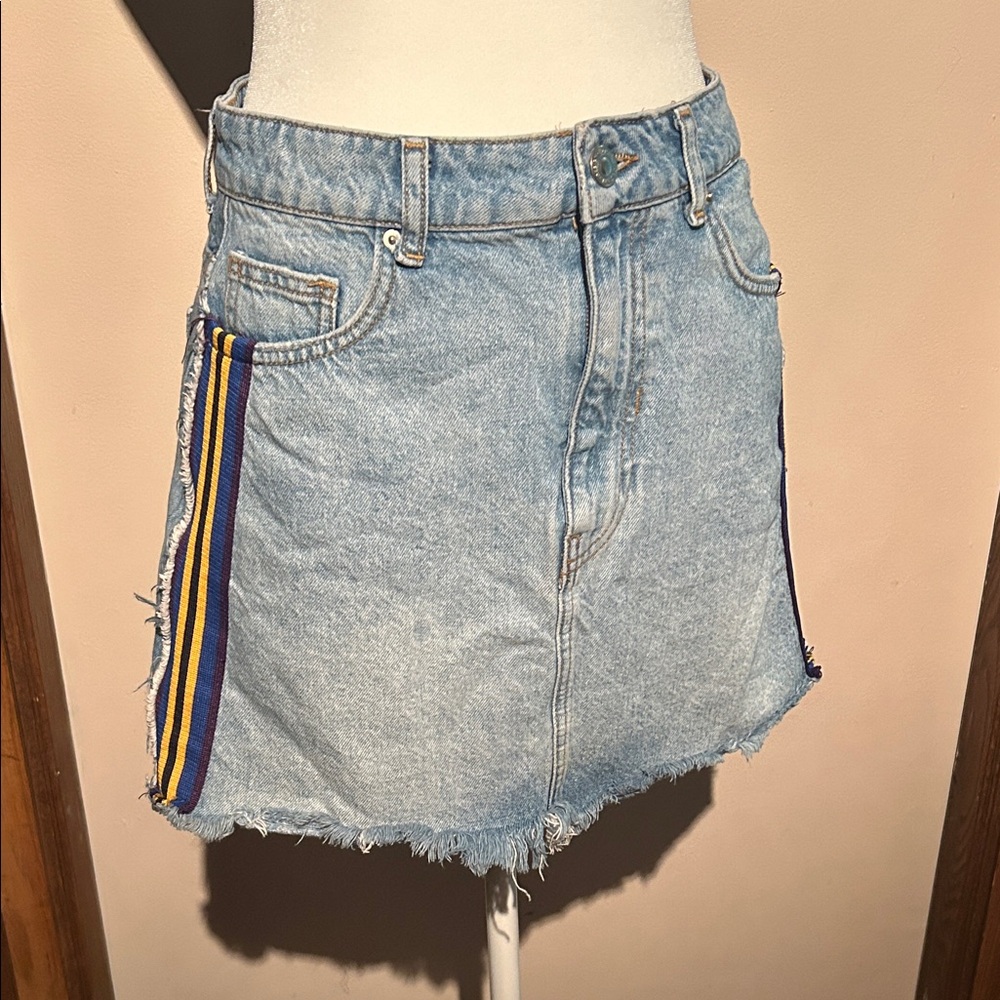 Bershka size 6 Denim Mini Skirt with Striped Detail and frayed bottom
